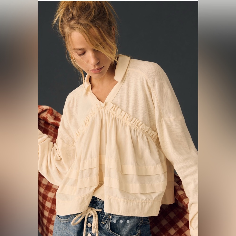 Anthropologie Cream Ruffled Blouse - M